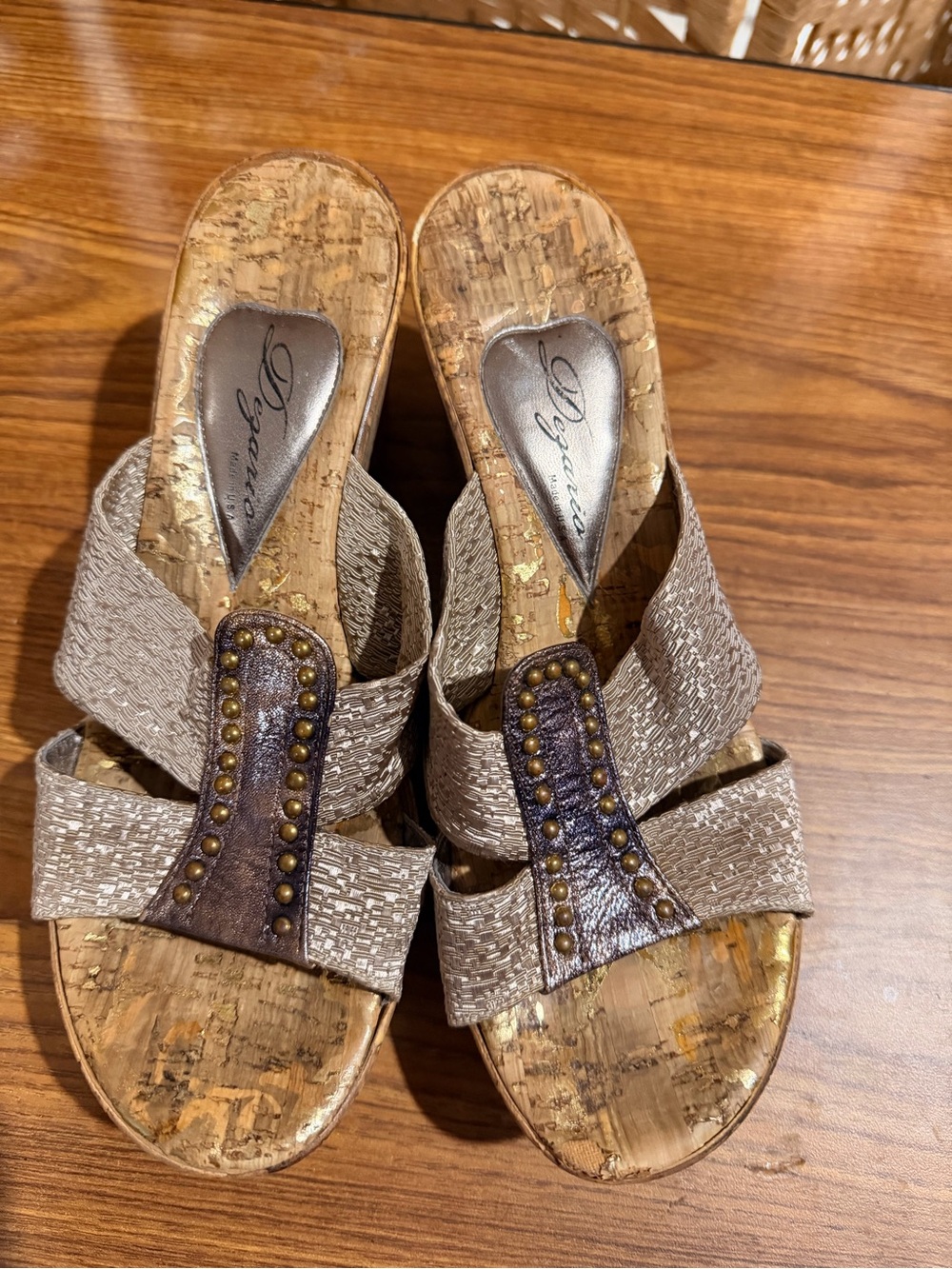 Dazzling Taupe Textured Wedge Mules with Studded Detail